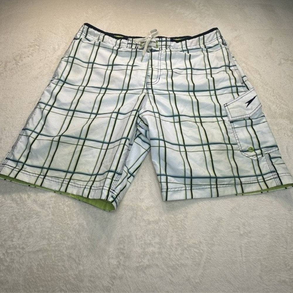 Speedo Mens Plaid Board Shorts Swim Trunks White Green Blue Cargo Pocket Size L
